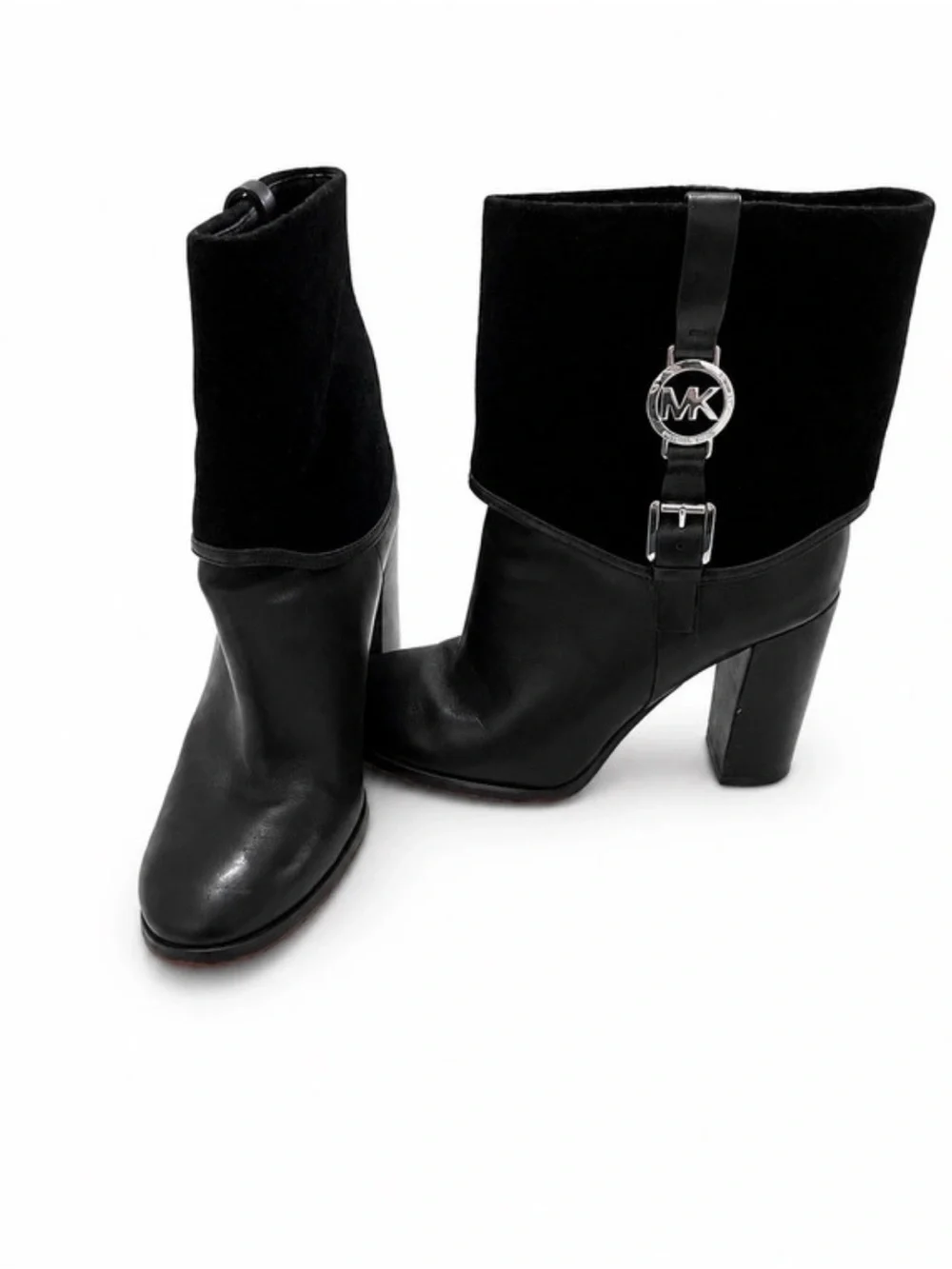 Michael Kors Black Leather & Suede Block Heel Ankle Boot